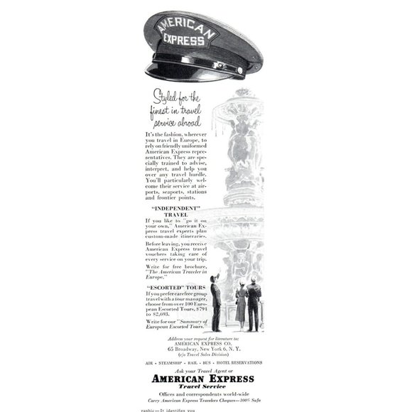 1954 American Express Travel Service Vintage Print Ad Fountain Wall Art Photo - Picture 1 of 2